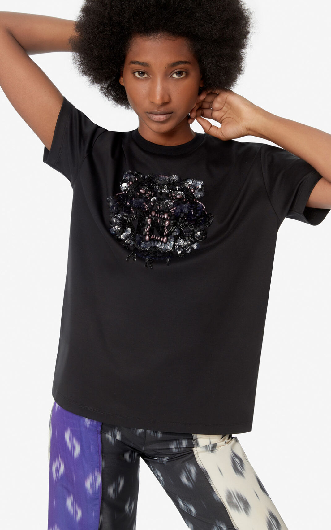 Kenzo Sequined Tiger T Shirt Black For Womens 3518RWOPY